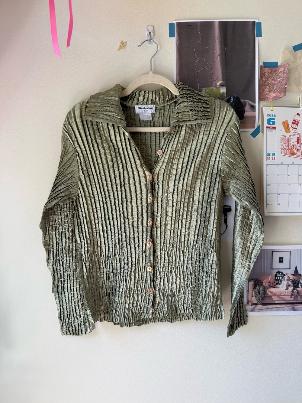 VTG French Pleated Olive Green Button-Front Women’s Top
